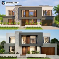 two pictures side by side of a modern house