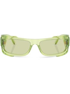 sage green acetate transparent design green tinted lenses rectangle frame Medusa Head motif tonal logo plaque straight arms curved tips These glasses come with a protective case.