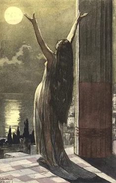 a drawing of a woman standing in front of a door