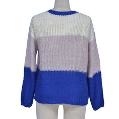 Blue Colorblock Pullover Sweater Blue Winter Tops With Contrast Color, Purple Color Block Sweater For Winter, Purple Color Block Winter Sweater, Winter Color Block Purple Sweater, Casual Purple Color Block Sweater, Winter Purple Color Block Sweater, Blue Patchwork Crew Neck Sweater, Blue Winter Sweater With Contrast Color, Casual Blue Color Block Sweater