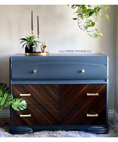 a blue dresser with some plants on top