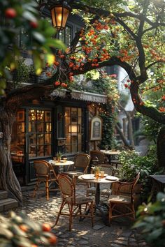 an outdoor cafe with tables and chairs under a tree in the sunlit courtyard area