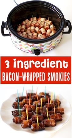 Appetizers for Party Easy Recipes - Crockpot Bacon Wrapped Smokies Recipe!  Just 3 ingredients and you've got the most popular appetizer ever!!  You won't believe how fast these will disappear!  Go grab the recipe and give it a try! Appetizers For School Party, Snacks For Beer Tasting Party, Grab And Go Food Ideas For Party, Crock Pot Bacon Wrapped Smokies, Candied Hotdogs, Bacon Wrapped Little Smokies Crockpot, Crockpot Bacon Wrapped Smokies, Easy To Make Appetizers For Party, Bacon Wrapped Smokies Crockpot