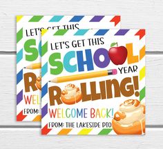 two back to school flyers on a white wooden background with colorful stripes and an apple