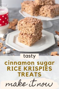 two pieces of cinnamon sugar rice krispies treat on plates