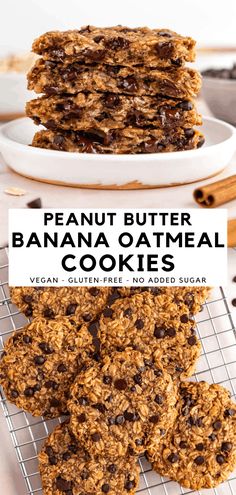 peanut butter banana oatmeal cookies stacked on top of each other with text overlay