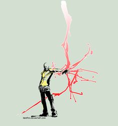 a drawing of a man holding a baseball bat with paint splatters on it