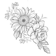 a black and white drawing of flowers with leaves on the bottom half of their petals