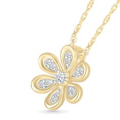 Elevate your style with a six-petal diamond flower pendant with a gold bezel. Crafted from solid 10k yellow gold, this pendant features a unique design with 0.07 ct of dazzling diamonds. Yellow Gold Diamond Necklace In Flower Shape, Yellow Gold Flower-shaped Diamond Necklace For Anniversary, Yellow Gold Diamond Necklace With Flower Accents, Anniversary Diamond Necklace With Flower Pendant, Yellow Gold Diamond Necklace In Flower Shape For Anniversary, Diamond Cleaner, Diamond Flower Pendant, White Gold Pendant, Diamond Flower