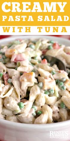 creamy pasta salad with tuna in a white bowl