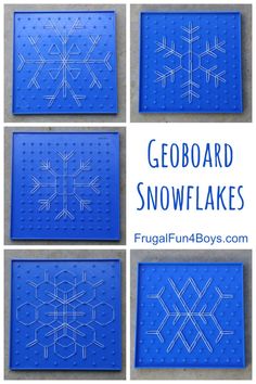 four snowflakes made out of legos with the words, geoboard snowflakes