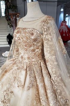 a wedding dress on display in a store