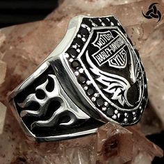 Sterling Silver Onyx Biker Motorcycle Crest Ring – Sinister Silver Co. Biker Skull Ring For Biker Events, Silver Biker Jewelry As A Gift, Silver Biker Skull Ring For Biker Events, Black Biker Skull Ring Gift, Silver Skull Biker Jewelry, Biker Rings Mens, Biker Rings, Biker Jewelry, Black Onyx