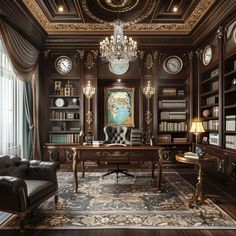 an elegant office with lots of bookshelves and furniture