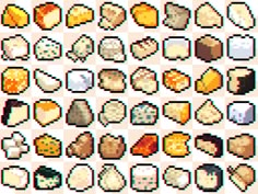 an image of pixel art with different types of breads and pastries on it