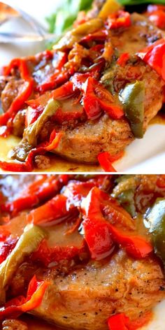 two pictures of chicken with peppers and green beans on a white plate, one is cut in half