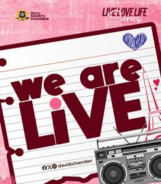 we are live poster with boombox and radio on lined paper sheeted pink background