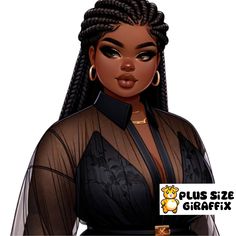 Plus Size Woman Drawing, Curvy Oc, Black Woman With Braids, Woman With Braids, Black Silk Top, Planner Clipart, Army Women, Black Art Pictures, Plus Size Black