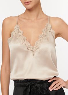 V-neckline, featuring a scallop lace trim Adjustable racerback straps Fulled lined Silk Cami Top, Night Tops, Cami Nyc, Silk Cami, Lace Silk, The Perfect Day, Deep Neckline, Silk Tank, Silk Charmeuse