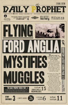 an old newspaper with the words flying ford angia, mystifies muggles