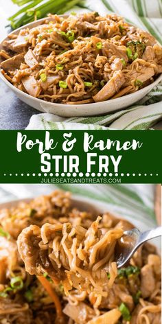 pork and ramen stir fry in a white bowl with green onions on the side