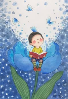 a painting of a boy sitting on a flower reading a book