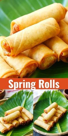 spring rolls on a green plate with sauces in the middle and other pictures showing them