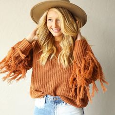 New With Tags! Such A Fun Sweater *Smoke-Free, Pet-Free Home* Trendy Fringe Tops For Winter, Brown Fringe Tops For Fall, Brown Fringe Top For Fall, Trendy Fringe Sweater For Fall, Casual Fringe Sweater For Fall, Oversized Fringe Sweater For Fall, Long Sleeve Knit Sweater With Tassels, Tommy Sweater, Casual Long Sleeve Fringe Sweater