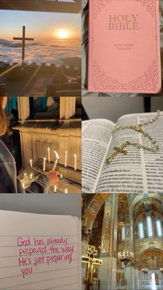 a collage of photos with the words, bibles and images in pink on them