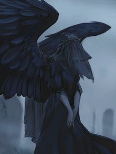 an angel with black wings standing in front of a cityscape and looking down at the ground