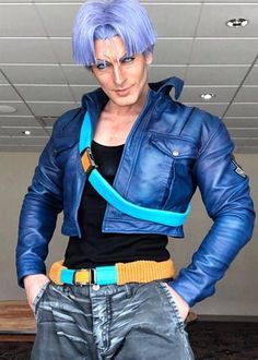 This DBZ jacket is a must have for fans of the manga and anime. Go out and save the world! Trunks Cosplay, Dragon Ball Cosplay, Trunks Dragon Ball, Dbz Cosplay, Leather Jacket Outfit Men, Womens Black Leather Jacket, Geek Fashion