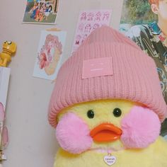 a stuffed duck wearing a pink hat and scarf next to a wall with pictures on it