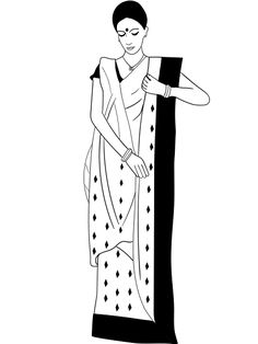 a black and white drawing of a woman in sari with her hand on the back of