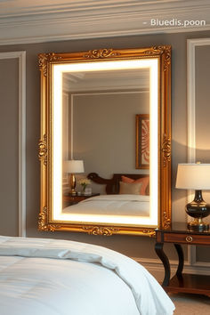 a bedroom with a large mirror on the wall