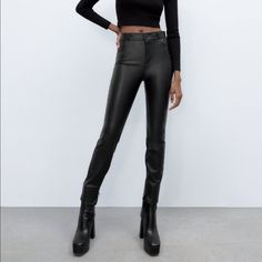 Brand New With Tags Still Attached. Black Faux Leather Pants From Zara! Zara Faux Leather Leggings, Zara Leather Pants, Black Faux Leather Pants, Navy Blue Dress Pants, Pleather Pants, Burgundy Jeans, Suede Pants, Leather Pants Women, Zara Leather