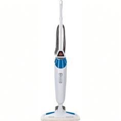 a white and blue vacuum cleaner on a white background