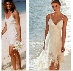 two pictures of women in white dresses on the beach, one is holding a bouquet