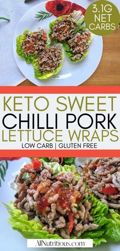 keto sweet chili pork lettuce wraps on a white plate with text overlay