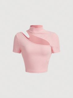 Baby Pink Casual Collar Short Sleeve Knitted Fabric Plain  Embellished Slight Stretch  Women Clothing Mod Cut, Amazing Products, Baby Pink, Mock Neck, Womens Tees, Cut Out