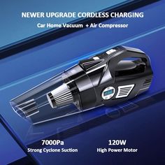 the new upgrade cordless charging car vacuum and air compressor is shown in this graphic