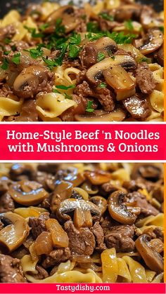 two pictures with different types of noodles and mushrooms in them, one is beef and the other has mushroom