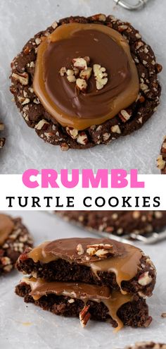 chocolate crumbl turtle cookies with peanut butter drizzled on top and one cookie cut in half