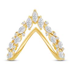 Reinvent your style with the eye-catching and modern design of this marquise-cut and round diamond deep "V" ring. Crafted in warm 10K gold Marquise-cut and round diamonds sparkle in a playful pattern. The largest 1/10 ct. marquise-cut stone shimmers at the center of the deep "V" shape. This ring captivates with 1 ct. t.w. of diamonds. Marquise Halo Diamond Ring In Yellow Gold, V Ring, Marquise Cut, The Deep, 10k Gold, V Shape, Deep V, Round Diamond, Round Diamonds