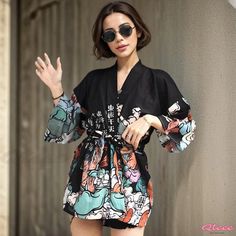 Qteee - Charming Vintage Kimono Outerwear with Stylish Cartoon Print Casual Black V-neck Kimono, Black Long Sleeve Summer Sleepwear, Black Sleepwear For Spring Vacation, Black Sleepwear For Vacation In Spring, Black Graphic Print Summer Sleepwear, Black Graphic Print Sleepwear For Summer, Summer Black Sleepwear With Graphic Print, Black Summer Top With Kimono Sleeves, Casual Black Tops With Kimono Sleeves