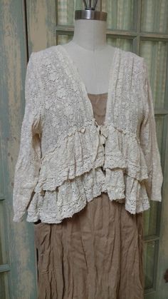 Ruffle Jacket India Lace Tea Stain Peasant Clothing, Couture Clothes, Shabby Chic Clothes, Ruffle Jacket, Couture Outfits, Magnolia Pearl, Upcycled Fashion, Chic Clothes, Ribbon Tie