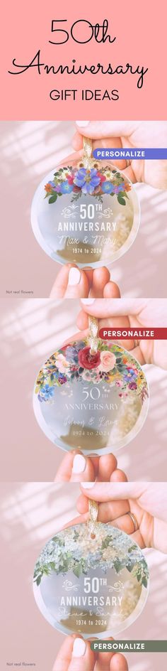 an advertisement for 50th anniversary gift ideas with flowers on the plate and hands holding it