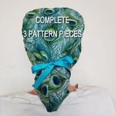 a woman wearing a mask with the words complete 3 pattern pieces in front of her face