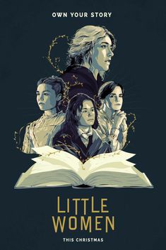 the movie poster for little women, which features three girls and an open book with gold lettering