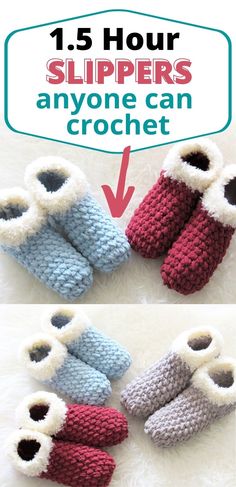 crocheted slippers are shown with the text, 15 hour slippers anyone can crochet