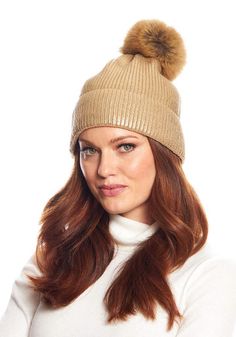 Crazy-cute and wearable, the Metallic Pom Hat is so cool, you'll wear it before the leaves fall. Why not--in Metallic Gold knit, it's stretchy and comfy. Better still, this substantial knit has recovery as well. Easy to pull on, the cap, when cuffed, measures 8" from the fur pom to the cuff fold. Ahhh, but the pièce de résistance is the oversize Tan Fox pom with Ivory tipping. The magic of mixing Metallic knit with fur bestows a broad license to wear the Metallic Pom Hat with anything, everywhere. With denim, a fur jacket, or a cashmere overcoat, the Metallic Pom Hat is all in. Going to work, walking the dog, and for errands, the Metallic Pom is perfect. When life happens, refresh our favorite hat with machine wash/cold/dry flat. Fabulous Furs, Coverlet Bedding, Metallic Knit, Leaves Fall, Silk Pillowcase, Life Happens, Pom Pom Hat, Fur Pom Pom, Personalized Accessories